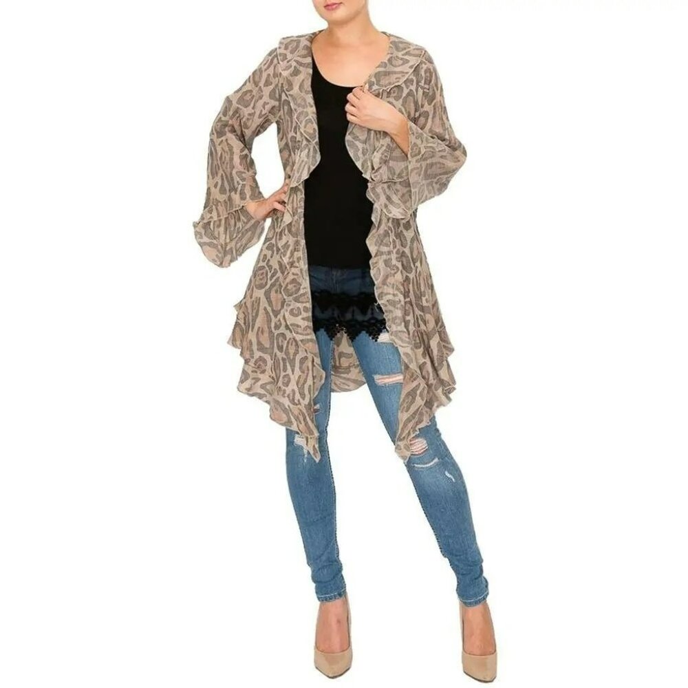 New ORIGAMI Women’s Size S/M Ruffled Kimono In Leopard Bohemian Beige/Gray